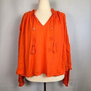 Free People Tropical Summer Orange Embroidered Festival Hooded Top‎ Size Small